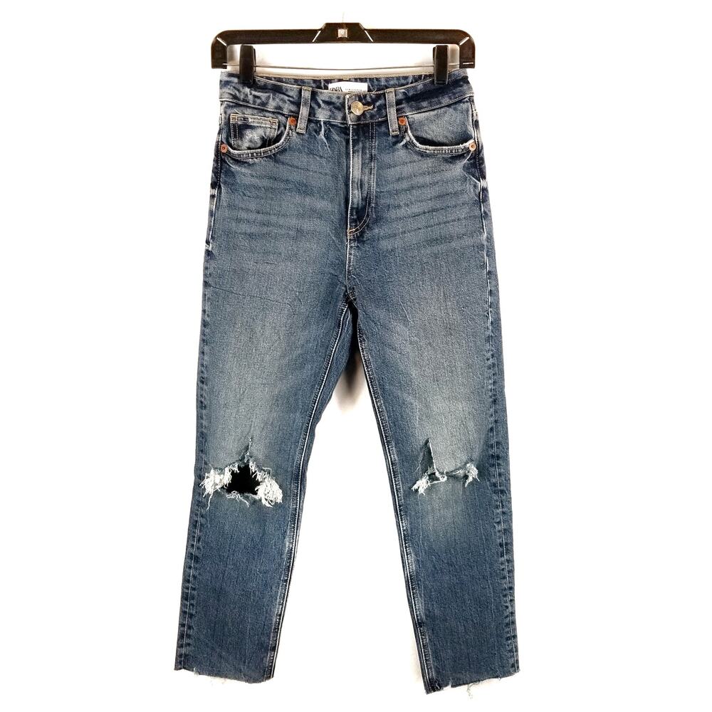 Zara High Rise Distressed Cropped Mom Raw Hem Jeans Size 4